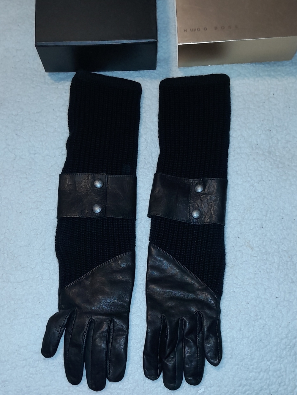Hugo Boss Black Leather and Knit Extended Gloves with Snap Detail